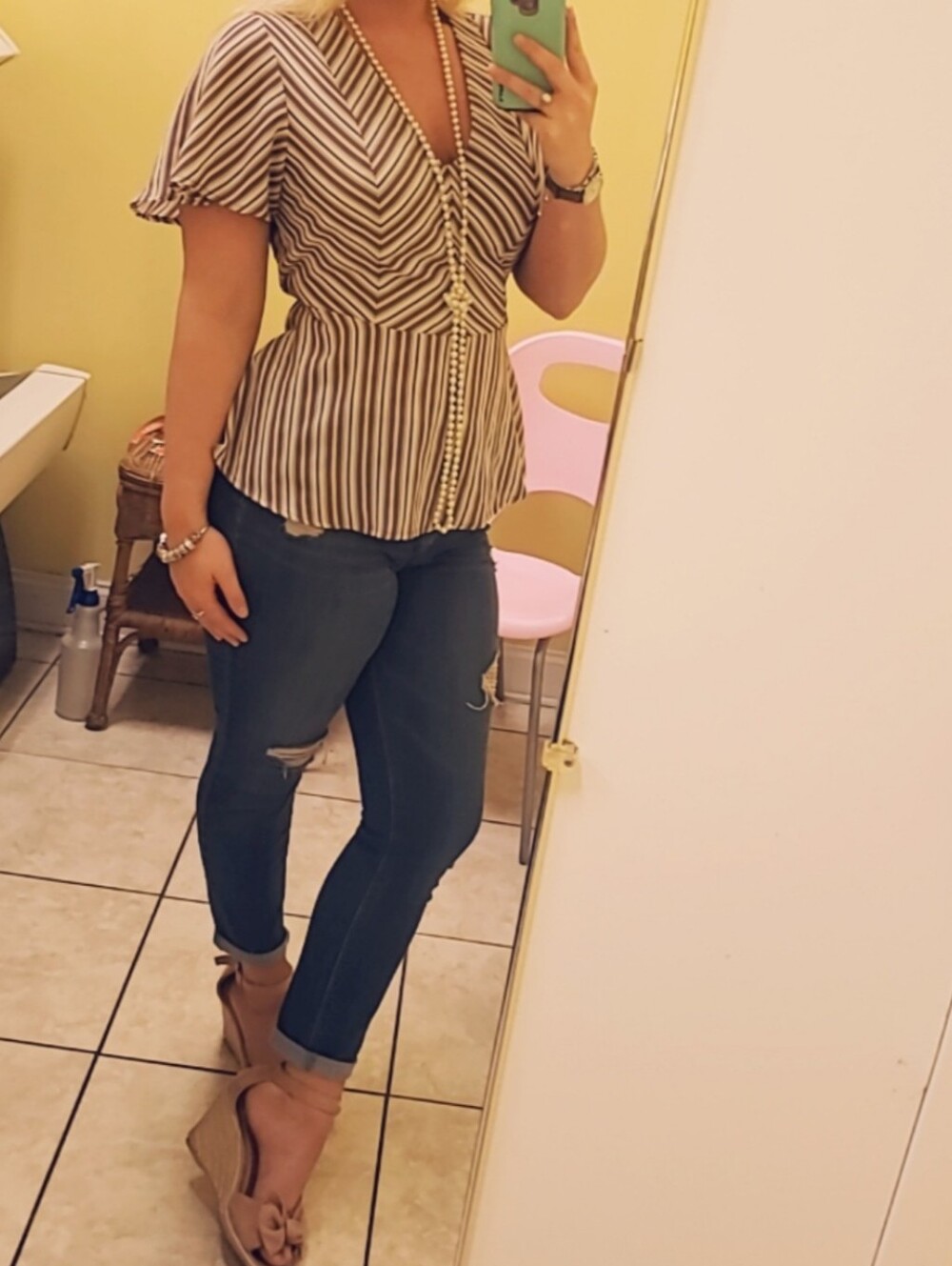 Striped V-Neck Peplum Top in Purple and Ponk